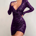 Cocktail Party Dresses For Women Sexy Deep V Neck Long Sleeve Bodycon Mini Dress Sparkly Glitter Sequin Slim Midi Dress Vestidos