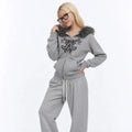 Women Gothic Y2K Zip-up Hoodie  Faux Fur Hood Trim Vintage Floral Rhinestone Print Long Sleeve Front Pocket Casual Sweatshirt
