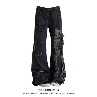 YIBASHU Women Black Ripped Cargo Jeans Baggy Vintage Aesthetic Streetwear Cowboy Pants Harajuku Denim Trousers Y2k 2000s Clothes