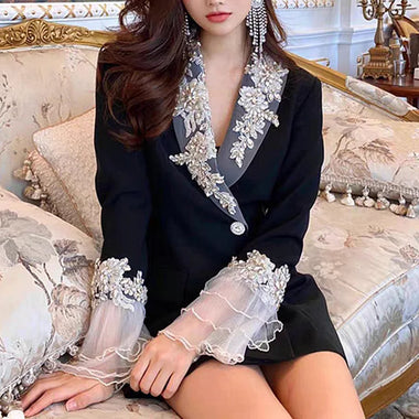 Spring Autumn New Embroidery Spliced Mesh Diamond Luxury Suit Jacket Lapel Flare Sleeve Party Black Slim Blazer For Women y1092