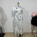 Long Dress Women Flower Print Dresses Ruffles Vestidos Short Sleeve Lace Up Tight Waist Maxi Gown Female 2025 Summer A Line