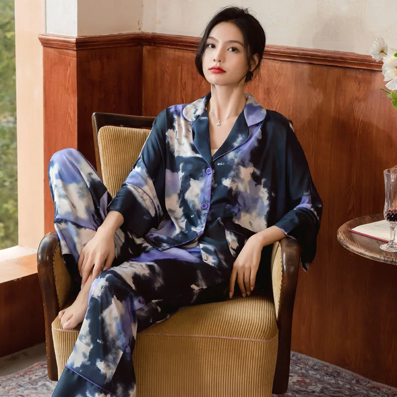 2026 New Fashion Women Ice Silk Thin Pajamas Long Sleeve Suit Satin Chiffon Home Clothes Sleepwear