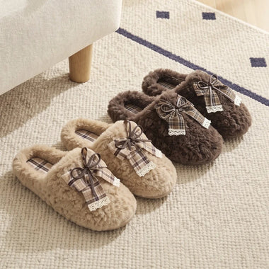 Plaid Bow Lace Plush Slippers Women House Vintage Winter Fluffy Mules Shoes Girls Bowknot Indoor Fuzzy Fur Slides Non-Slip Sole