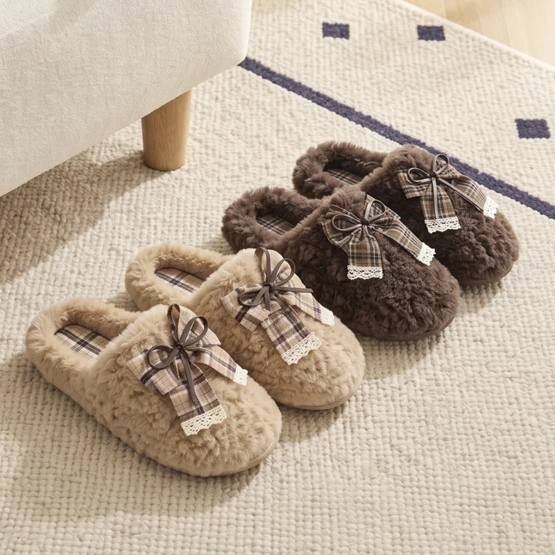 Plaid Bow Lace Plush Slippers Women House Vintage Winter Fluffy Mules Shoes Girls Bowknot Indoor Fuzzy Fur Slides Non-Slip Sole
