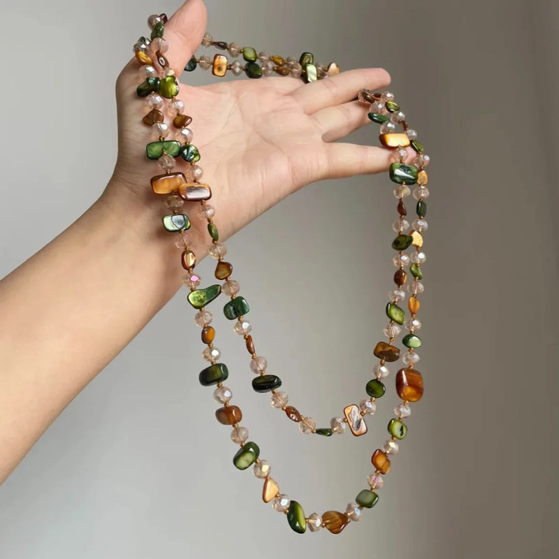 Bohemian Style Natural Shell Crystal Layered Necklace With A Light Luxury And High-end Feel Long Double-layer Seaside Accessory