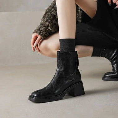 Women's Boots Retro Short Boots with Thick High Heels, New Style for Autumn and Winter, Side Zipper, Square Toe, Women's Shoes
