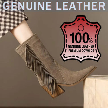 Genuine Leather Women Fringe Mid Calf Boots Suede Cow Leather Pointed Toe Block Heel Western Style Cowboy Women Boots