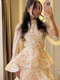 2026 Summer Autumn Chic Floral Women's Cake Dress Bell-Bottomed Sleeve Stand Collar Waist-Closed Lady Dresses New