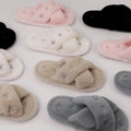 Cross Strap Bowknot Embroidery Fluffy Fur Slippers Women Fashion Indoor Pink Plush Cotton Shoes Woman Flat Heel Home Slippers 45