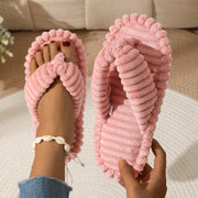 Fashion Clip Toe Corduroy Slippers Women Indoor Soft Sole Warm Plush Flip Flops Woman Comfortable Flat Bottom Home Slippers 45