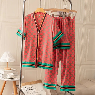 Lisacmvpnel 3 Pcs Suit Printed Pajamas Women's Spring Summer Ice Silk Sexy Short Sleeve Set Pyjamas