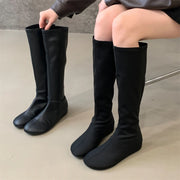 Aneikeh 2027 Fashion Women Black Stretch Sock Boots Round Toe Flat Sole Knee High Pull On Slim Fit Autumn Winter Footwear