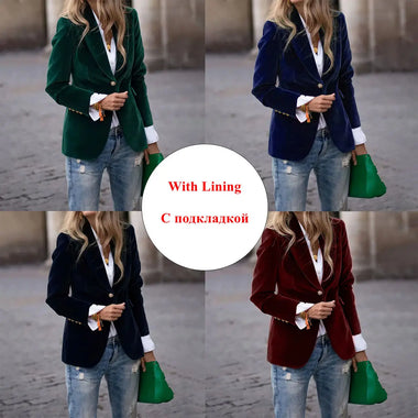 Women Velvet Blazer Single Button Lapel Blazer Suit Female Slim Fit Jacket Elegant Office Lady Work Outerwear Coat With Lining