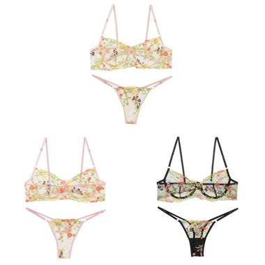 Women Sexy Floral Embroidery Mesh Lingerie Set Sheer See Through Underwire Bra Thong Transparent Lace Underwear Nightwear