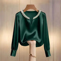 Women Satin V Neck Blouse Pearl Beaded Collar Long Sleeve Elegant Office Shirt Top