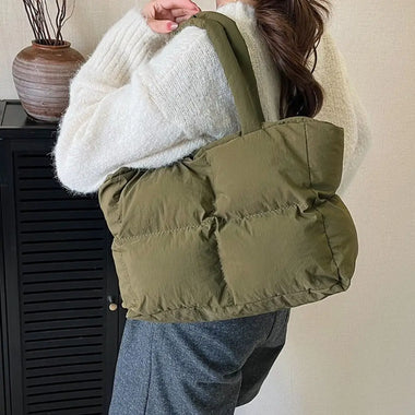 Cubic Grid Quilted Puffer Tote Bag Cotton Padded Lightweight Large Cloud Bag Solid Color Large Capacity Shoulder Bag