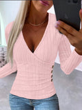 2023 Fashion Solid Side Button Deep V Neck Ribbed Top Women Spring Autumn Long Sleeve Sexy Skinny Casual Ruched T-shirts Blouse