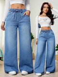 European American Trend Loose Casual High Waist Women Denim Jeans 2026 Autumn Elastic Waist Wide Leg Floor-Length Pants
