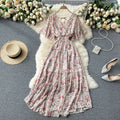 19 Colors Summer Floral Print V-neck Waist-cinching Chiffon Long Dress Women 2025 Trendy Elegant Casual Vacation Beach Dresses