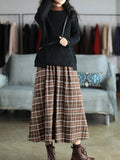 Women's Plaid Midi Skirt Elastic Waist Loose Pleated Long Flowy Mid Calf Skirt with Pockets 100% Polyester Vintage Casual