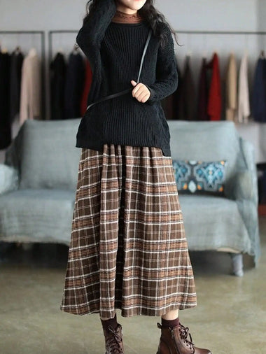 Women's Plaid Midi Skirt Elastic Waist Loose Pleated Long Flowy Mid Calf Skirt with Pockets 100% Polyester Vintage Casual