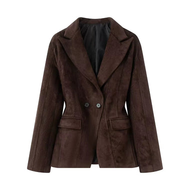 Women's Dark Brown Faux Suede Blazer New Notched Lapel Double Button Waist Slim Fit Vintage Suit Jacket Chic Casual Commute Tops