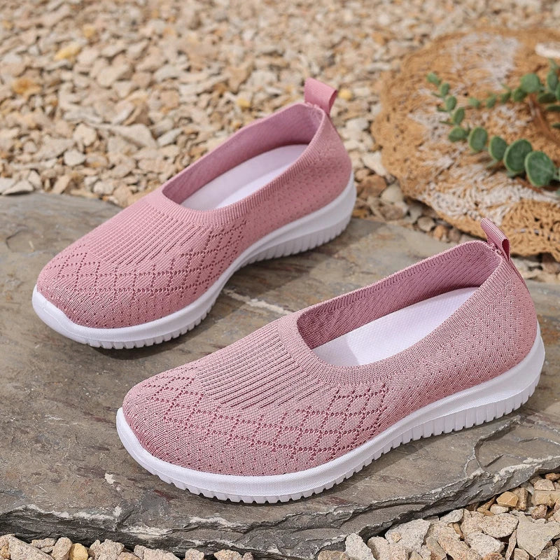 Women Breathable Knit Slip On Loafers Lightweight Soft Sole Elderly Mom Walking Shoes Summer Hollow Mesh Comfort Casual Flats