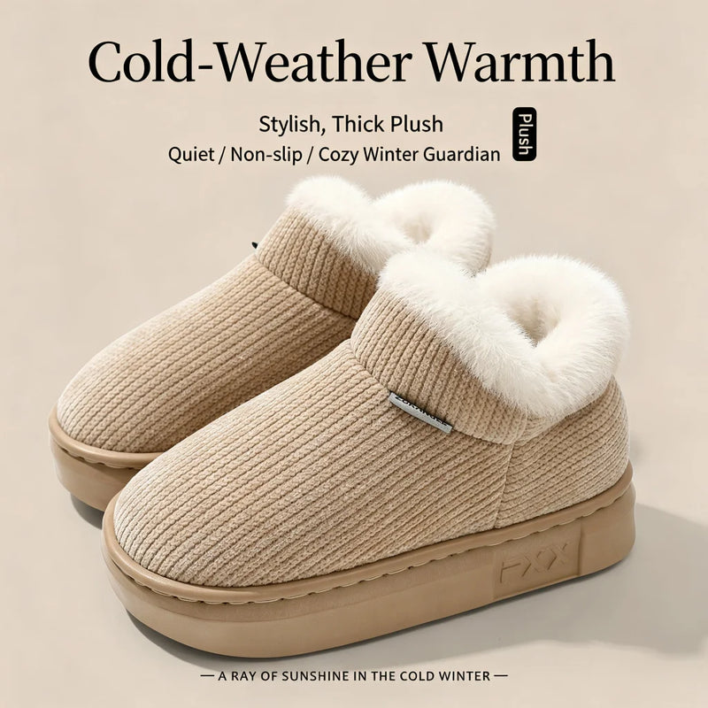 Cozy Corduroy Warm Cotton Slippers Women Men Winter Fuzzy Furry Indoor House Shoes Thick Platform Anti-Slip Plush Footwear