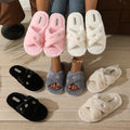 Cross Band Warm Fluffy Furry Slippers Women Light Flat Sole Fur Slides Woman Autumn Winter Open Toe Non Slip Home Floor Shoes