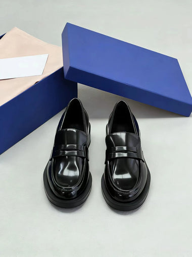 Women Black Leather Loafers Penny Strap Chunky Sole Decorative Bow Pearl Shoes
