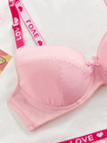 Pink Women's Underwear Set Letter Strap Underwire Push Up Bra Comfortable Thin Cup Daily Lingerie Set