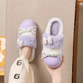 Sweet Bowknot Design Furry Fur Indoor Slippers 2026 Winter Warm Plush Home Slippers Women Soft Sole Non Slip Platform Girl Shoes
