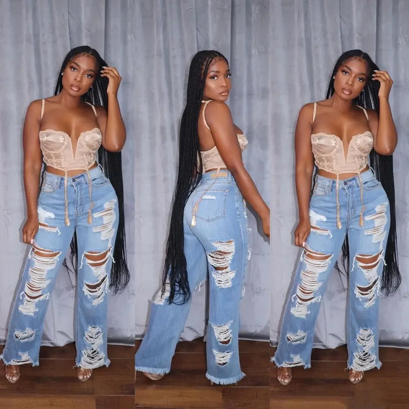 Jeans Women Long Pants Elegant Splice Denim Pant Slim Fit Sexy Hole High Waist Button Pocket Straight Trousers Summer