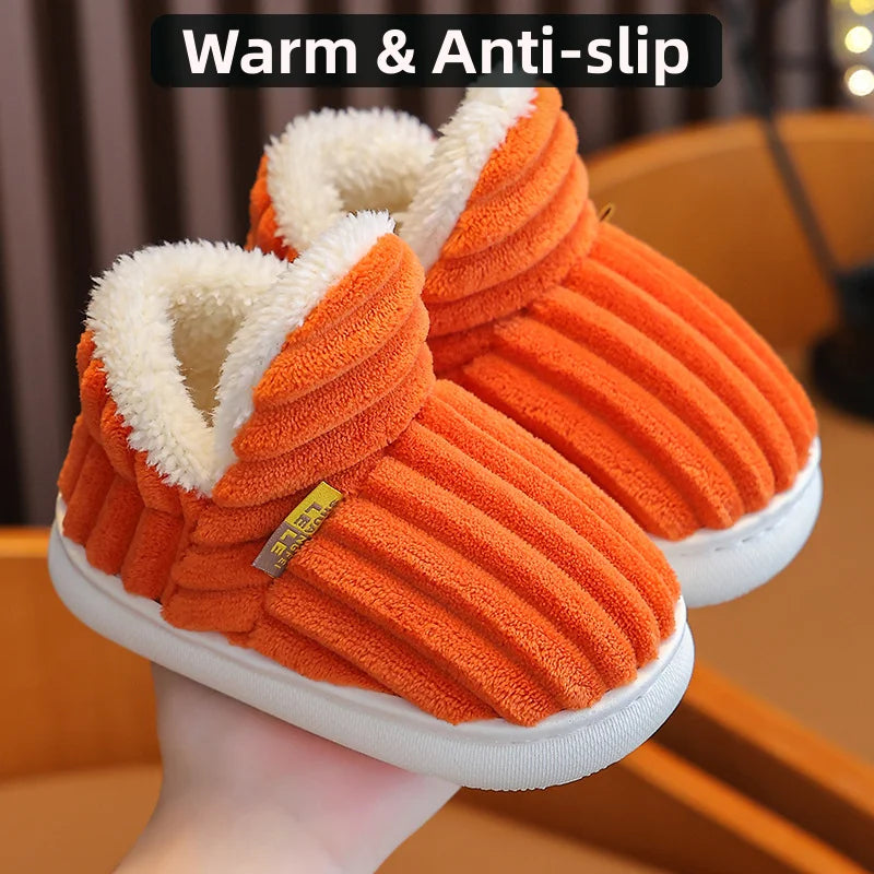 Bebealy Winter Children Shoes Outdoor Fuzzy Antiskid Cotton Slippers Indoor Soft Boys Slippers Classic Fur Girl House Slippers