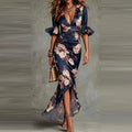 2026hot Women's Sexy Deep V Neck Ruffles Maxi Dress Spring Elegant Floral Print Mermaid Party Dress Summer Flare Sleeve Satin