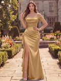 Gold Off Shoulder Satin Evening Dress Sparkly Beaded Bodice Ruched Mermaid Gown High Slit Ruffle Formal Prom Wedding Guest Dress