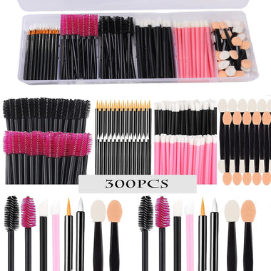 300pcs Deluxe Makeup Tool Kit Disposable with Portable Storage Case Lipstick Applicator Mascara Wands Eyelash  Eyeshadow Brushes