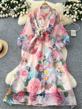 SINGREINY High Quality 3D Floral Dress Female Single Breasted Puff Sleeves Chic French Vintage Senior Organza Print Long Dress