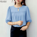 Women Summer Blouse ZANZEA Elegant Solid Color OL Work Shirt Casual O Neck Short Sleeve Tops Stylish Pleated Mujer Holiday Tunic