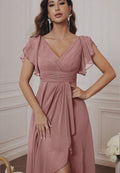 Chiffon Dress with V-Neck, Lotus Leaf Sleeves, High Waist, Pleated, Flowing Skirt, Bridesmaid Dress, French-Style Long Evening Gown