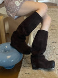 Autumn Black Cow Suede Pleated Boots Round-toe Slip-on Platform Height Increasing Knee-high Boots Crafted Trouser Legs booties