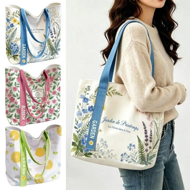 Fashion Canvas Tote Bag Floral & Lemon Print Open Top Single Shoulder Bag Large Capacity Handbag Women Girls