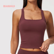Women Sports Bra Women Brushed Fabric Square Neck Racerback Sports Tank Top Built In Bra Tight Fit Quick Dry Cropped Yoga Fitness Running Vest