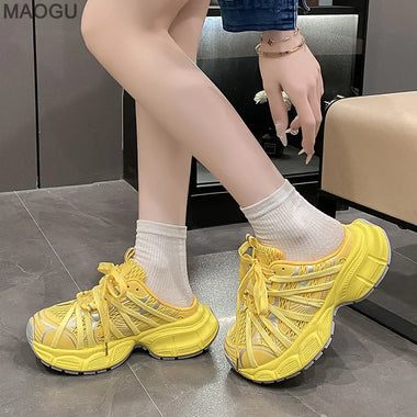 Lightweight Breathable Lace-Up Cover Toe Slides Women's New Thick Sole Slippers Casual Shoes Comfort Chunky Sneakers Size 35-40