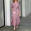 Women Solid Color Maxi Dress  Autumn Fashion Elegant Long Sleeve Leisure Time Casual Daily Wear V Neck Sexy Ladies Shirt Dresses