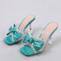 Liyke 2026 New Style Pink Women Slippers Sandals Fashion Pearl Bowknot High Heels PVC Transparent Shoes Summer Mule Slides Pumps