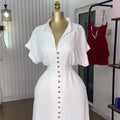 Woman Summer Elegant Midi Dresses 2025 High Waist Lapel Neck Short Sleeves Buttoned Flowy A Line Shirt Dress For Women