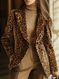 Women's Elegant Leopard Print Jacket with Lapel and Single Button Blazer