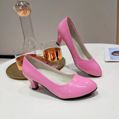 Women PU Shiny Pumps Medium Block Heel Comfortable Shoes Ladies Sexy Bridal Wedding Office Work Party Dress Multi‑Color Pumps
