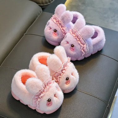 Winter Plush Slippers with Rabbit Design - Warm Fleece-Lined House Shoes, Cute Animal Slides with Closed Back for Women & Girls
